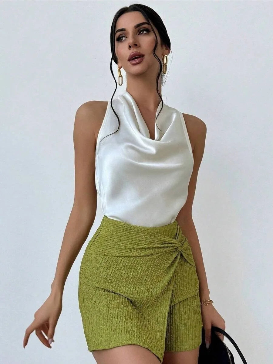Elegant Satin Halter Blouse for Women – Sleeveless Bow Neck Office Lady Top