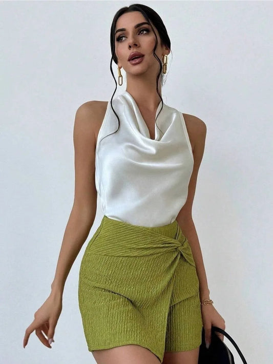 Elegant Satin Halter Blouse for Women – Sleeveless Bow Neck Office Lady Top