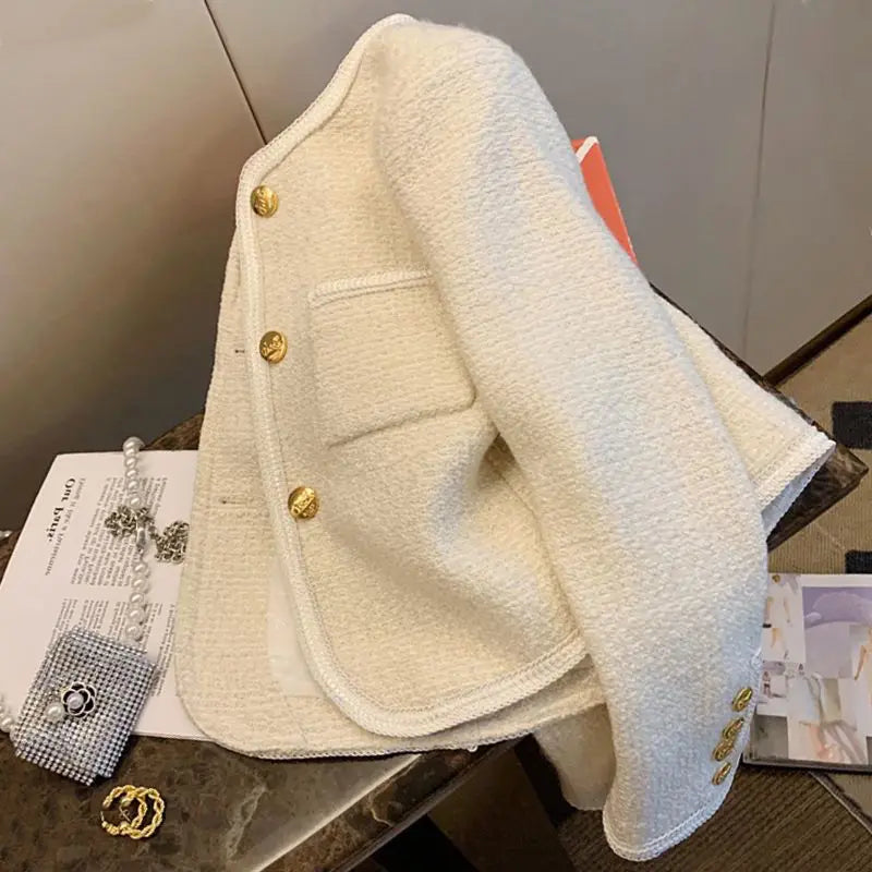 Elegant Black Tweed Jacket Women's Spring Autumn 2025 New French Style Single Breasted Short Coat Long Sleeved Slim Fit Top