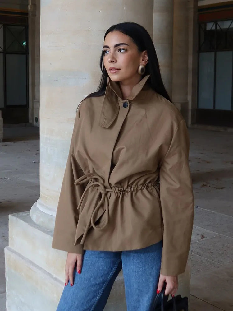 Fashion Turn Down Collar Coat/Short Cardigan Coat’s/Solid Type Jacket/Long-Sleeved/Lace-Up Decoration/Single-Breasted Female Casual Jacket.