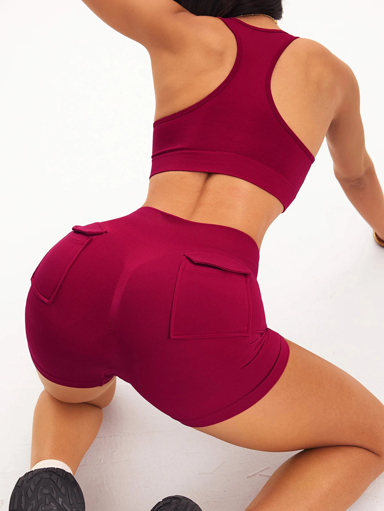 Seamless Yoga Workout Sets For Women/2 Piece Set Gym Suit/Lift’s Hip’s/High Waist Short’ With Pocket’s/Padded Tank Outfits For Fitness Running.