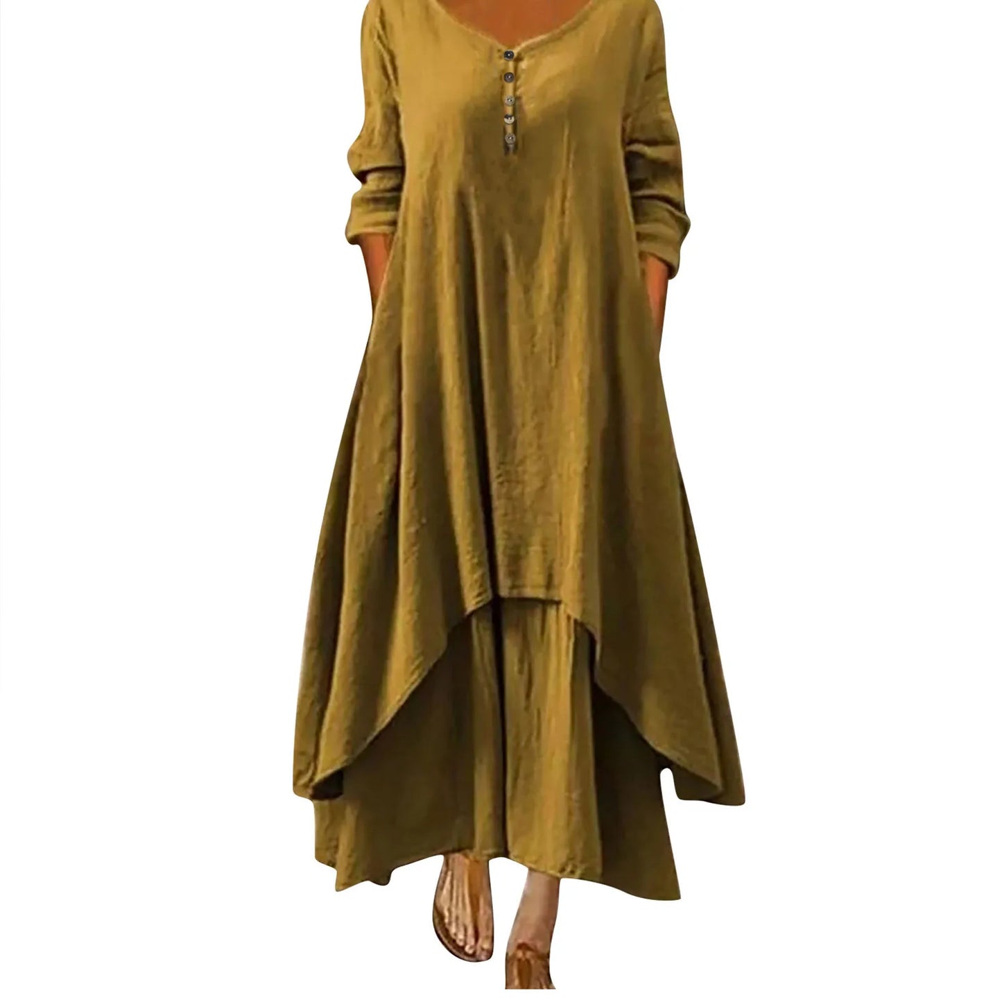 Oversized Linen Ginger Dresses/Bohemia Layering Vintage Robe/Long /Sleeve Loose Long Dress Female Autumn Vestidos.