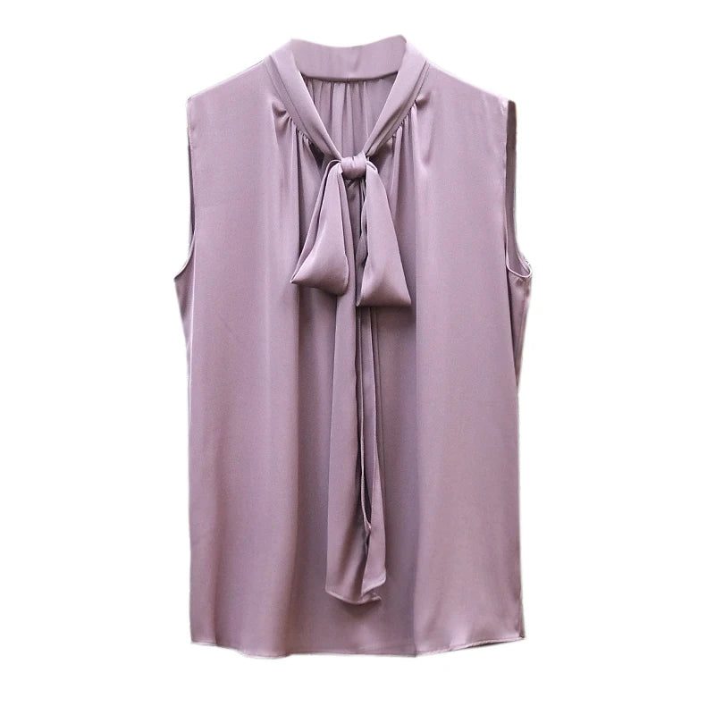 Fashion Ice Silk Top Pink Satin Acetate Blouse/Lace Up Bow Tie/Sexy elegant chiffon blouse.