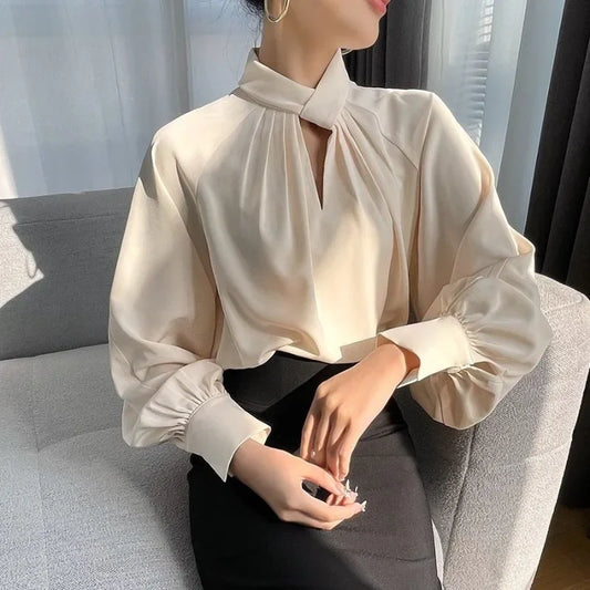 Elegant Twist-Neck Satin Blouse for Women – Long Sleeve Formal Top