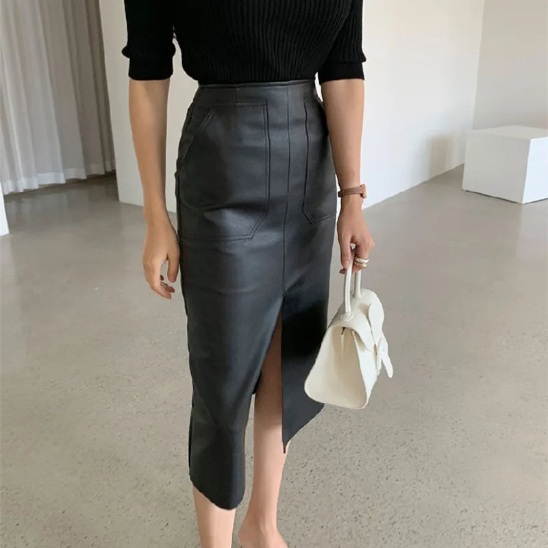 Modern Blend Boutique Women’s High-Waisted Faux Leather Midi Pencil Skirt – Elegant Front Slit, Slim Fit PU Leather Skirt, Timeless Chic Office & Evening Wear