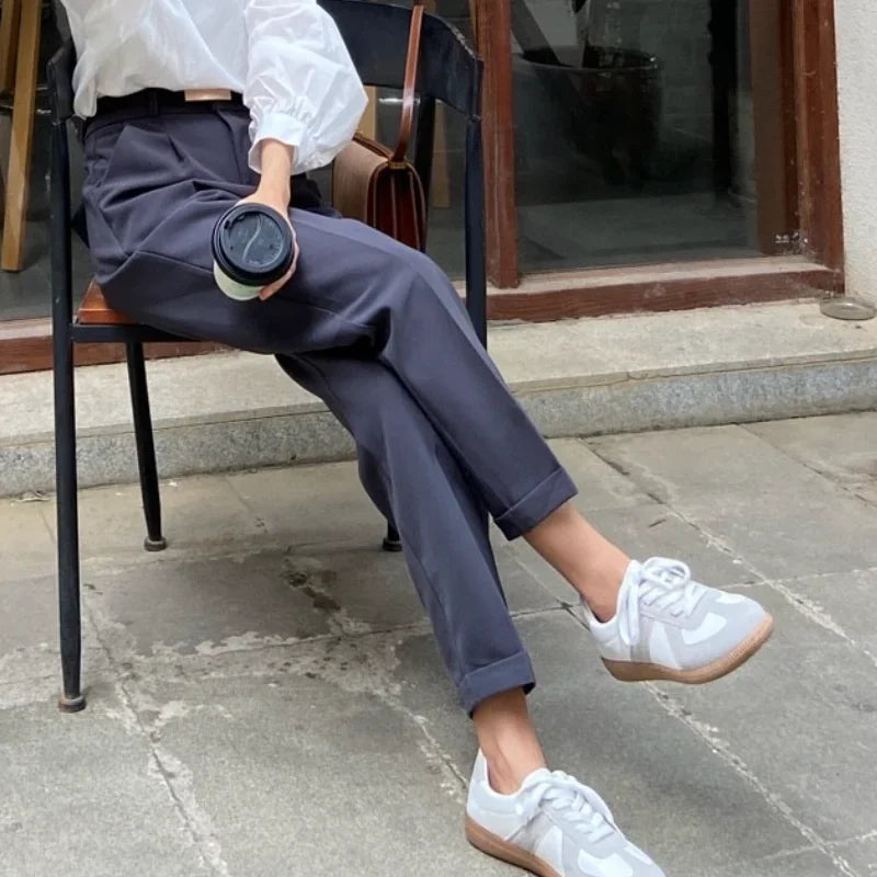 Casual Pants Women Fashion Solid Color Sashes  Slim Straight Trousers Chic Business Mujer Retro Belt.