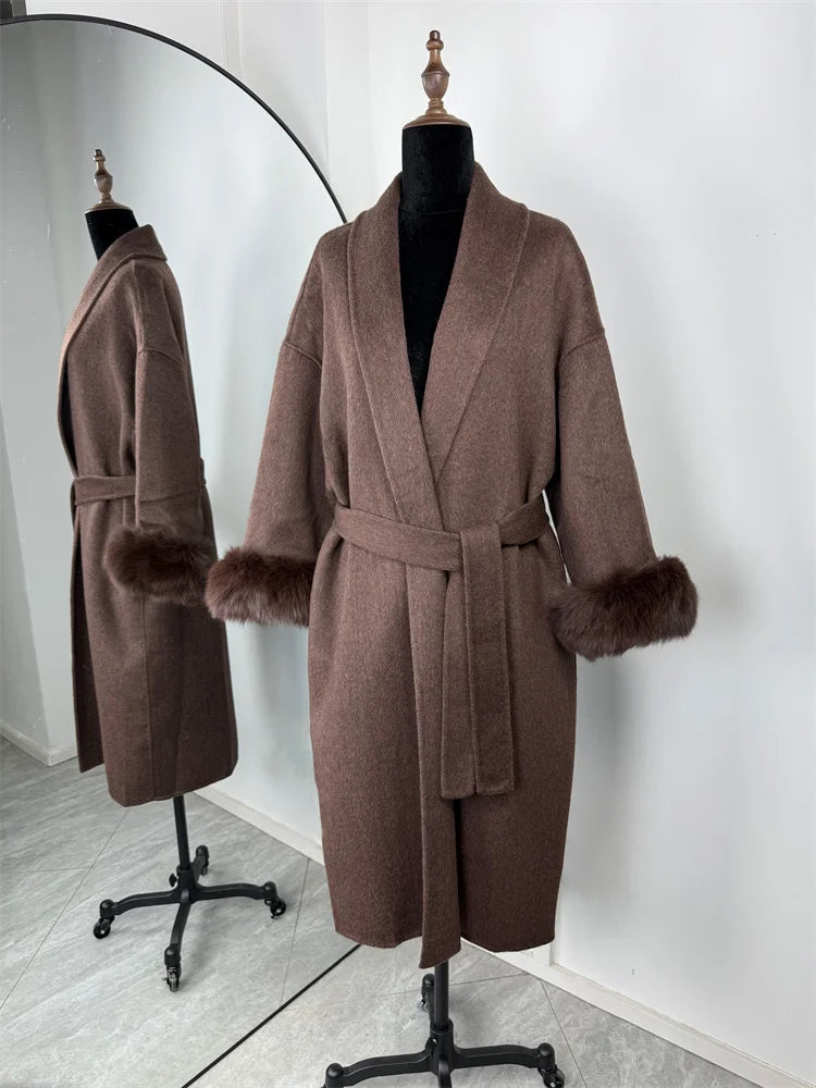 Tossy Fox Fur Overcoat/Short Fitted Cardigan Coat/Elegant Double-sided Woolen Coat.