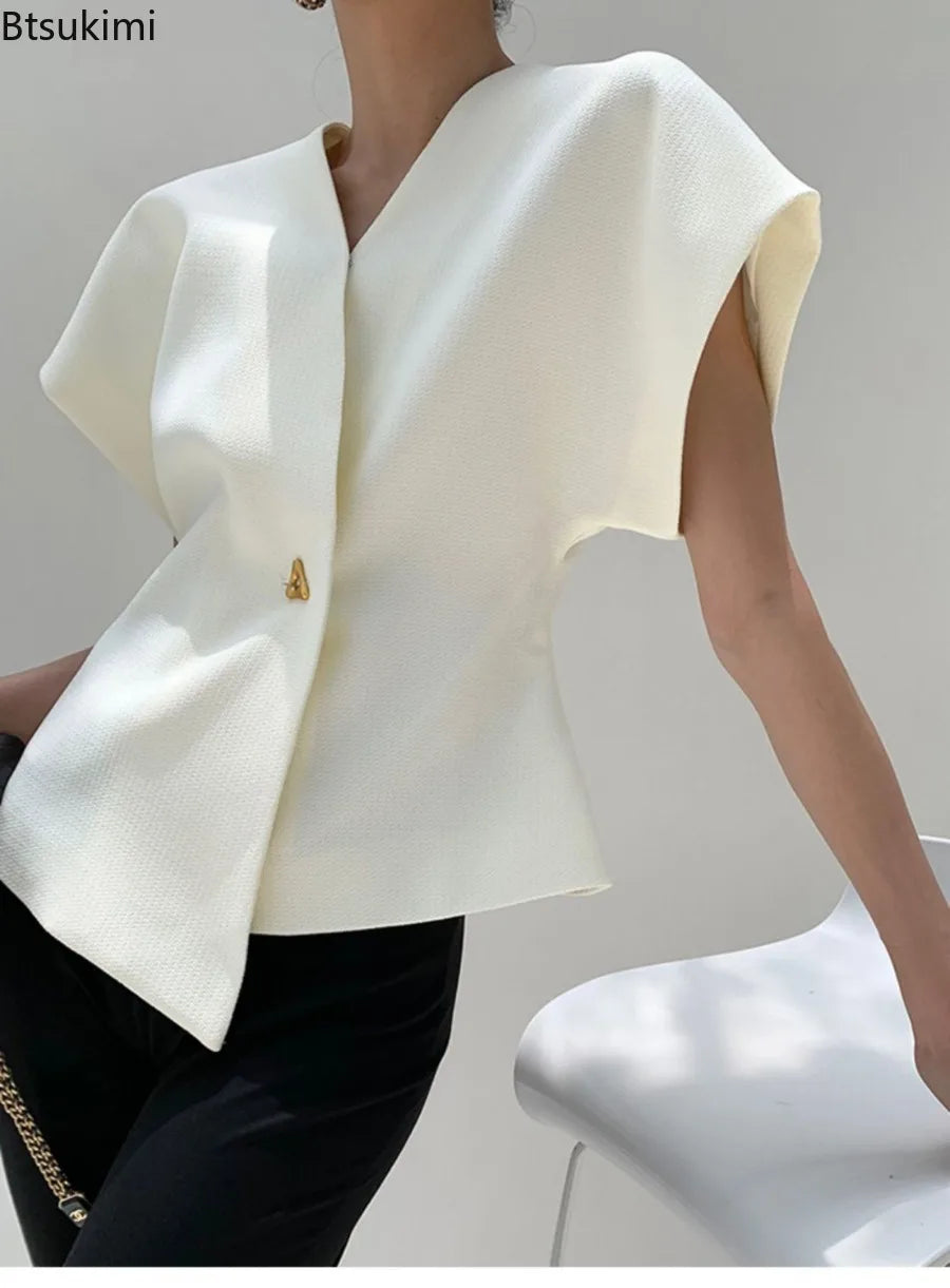 Elegant Women T-shirt V-neck/Single Button Top’s/French Style Irregular Top Solid Short Sleeved Women Y2k Streetwear.