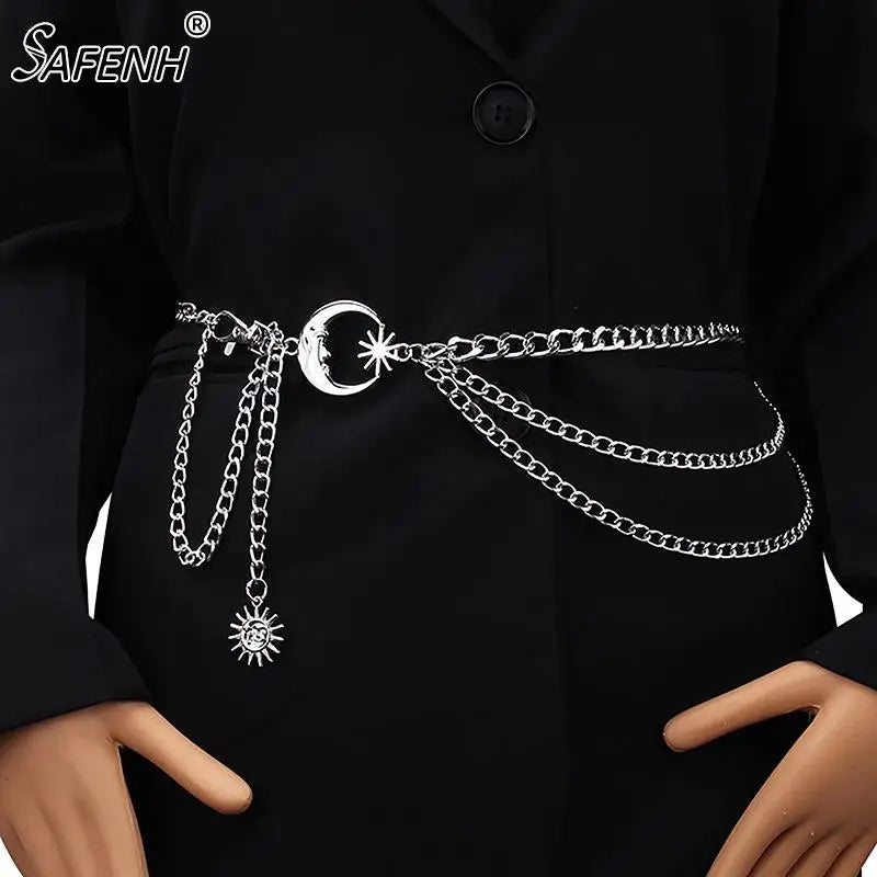 Women Waist Chain Belt/Dress Skirt Belt’s With Moon Star Body Waistband/Luxury Fashion Ladies Chain Cloth Accessories.