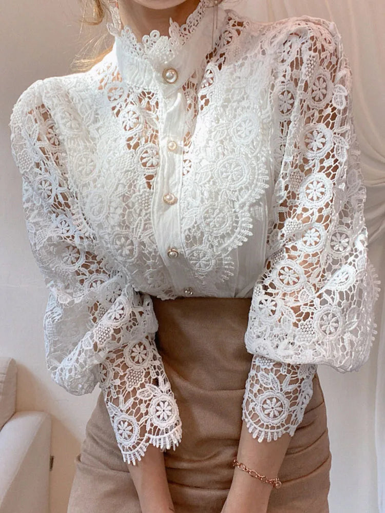 Hollow Out Long Sleeved Lace Blouse/Solid Tatting Craft Designed/Broad Clothed Single Breasted Blouse