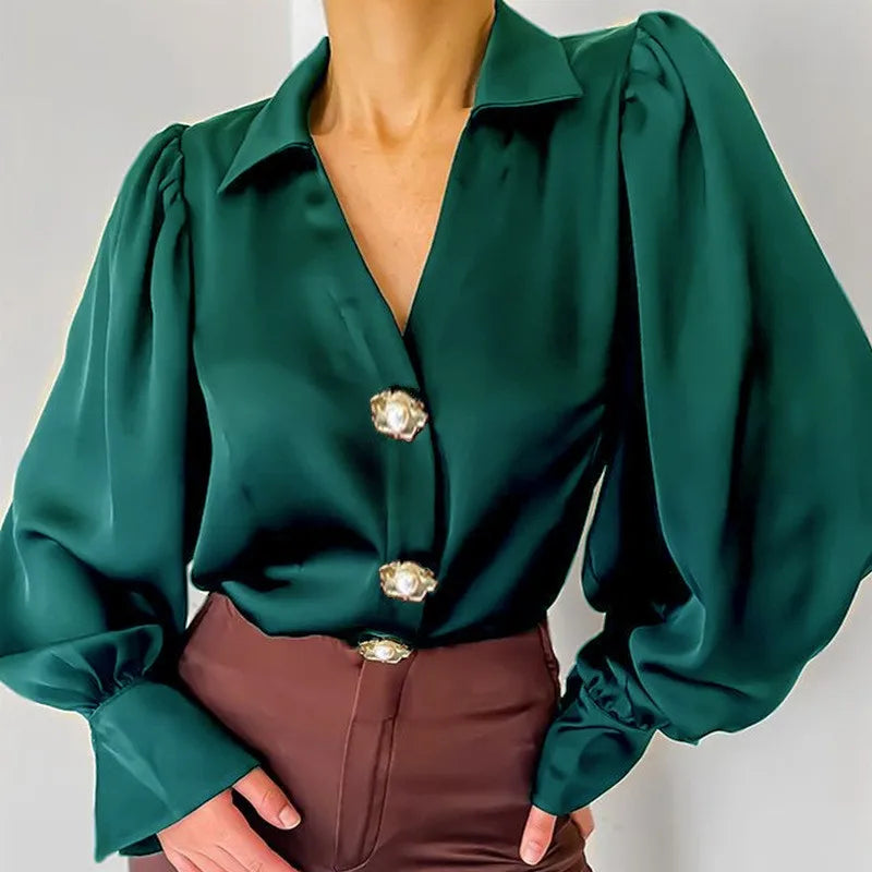 Sophisticated Satin Elegant Blouse/Black Lantern Sleeves/Fashionable/Winter Blouse Green Loose Silk Office Shirt.