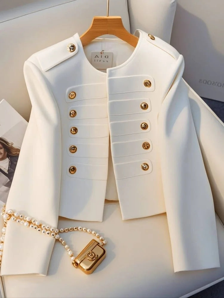 Timeless Elegance Double-Breasted Cropped Jacket with Gold Buttons