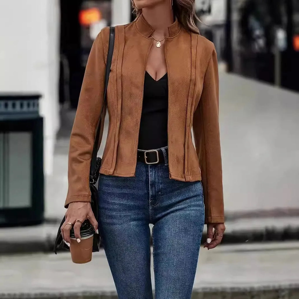 Faux Suede Leather Jacket/Winter Solid Color Long Sleeved Versatile Cardigan Short Jacket.