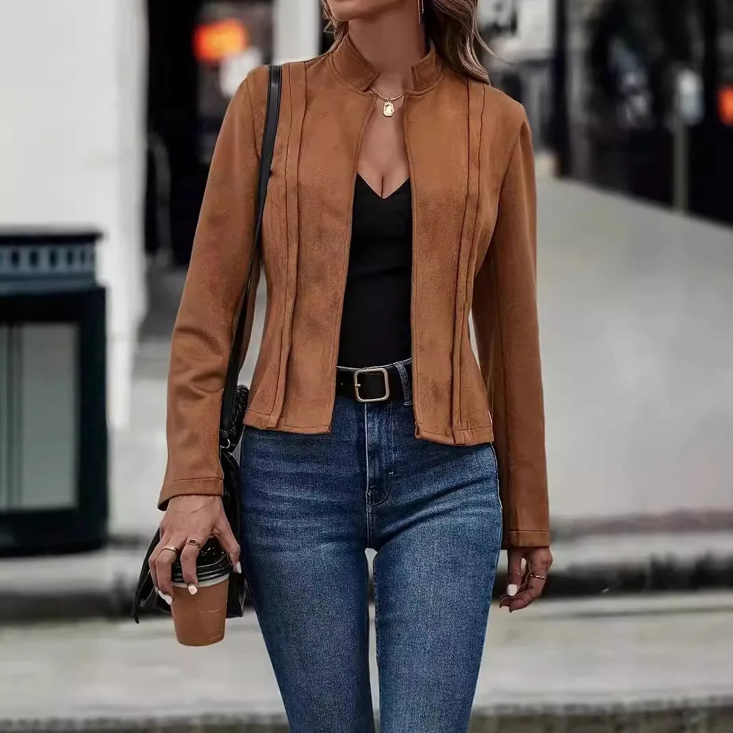 Faux Suede Leather Jacket/Winter Solid Color Long Sleeved Versatile Cardigan Short Jacket.