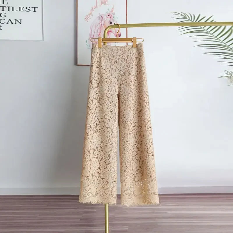 Elegant Lace Wide-Leg Trousers – High-Waist Solid Color Pants for Women | Summer Loose Straight Leg Bottoms | Modern Blend Boutique