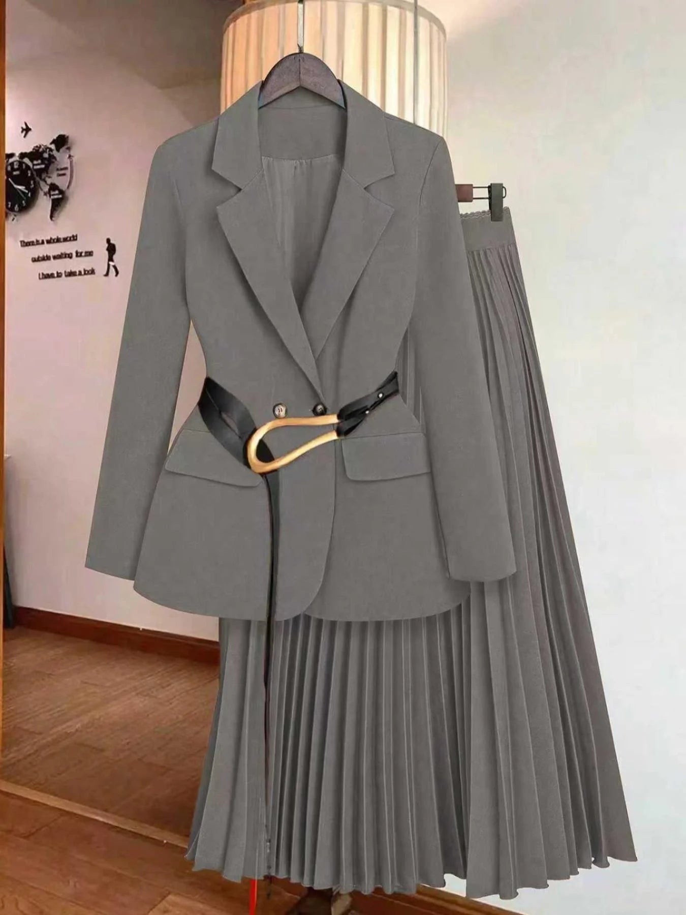 Classy Two-Piece Suit/Skirt & Blazer Jacket (no Belt)/Single Breasted Sashed Design/Pleated Hem Sophisticated Suit.