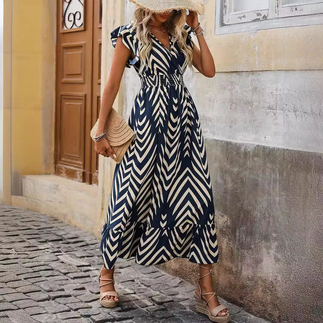 2026 New Summer Women Elegant Printed Short Sleeve Dress Tie Waist Long Hem Casual Fashion Midi Dress