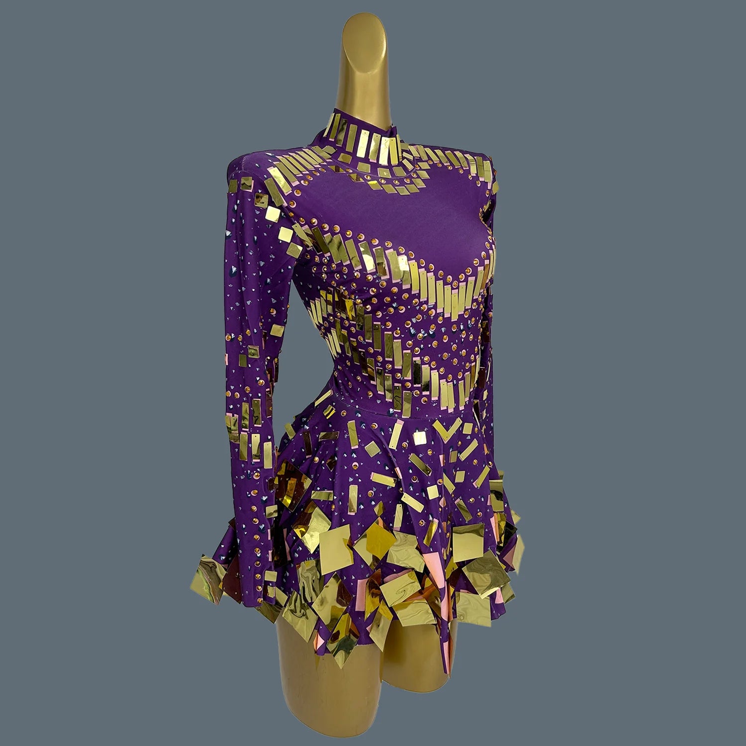 Dazzling Golden Rhinestone Mini Dress/Stage Sequined Maxi Dress/Concert Event Day/Crystal Mirror Silhouette A-LINE Dress.