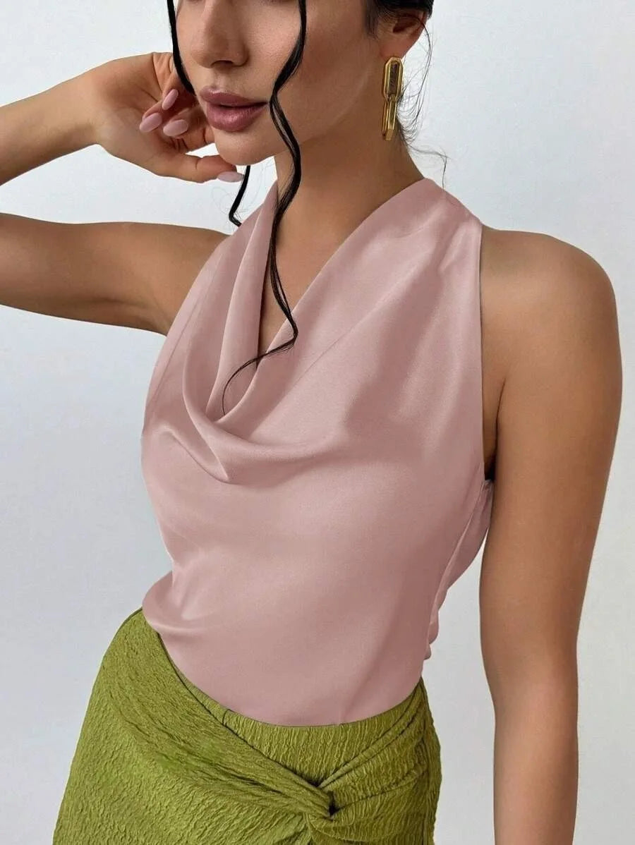 Elegant Satin Halter Blouse for Women – Sleeveless Bow Neck Office Lady Top
