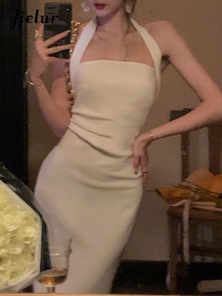 Jielur Halter Elegant Dress/Midi Bodycon Solid Strapless Dress/Knee Length Pullover.
