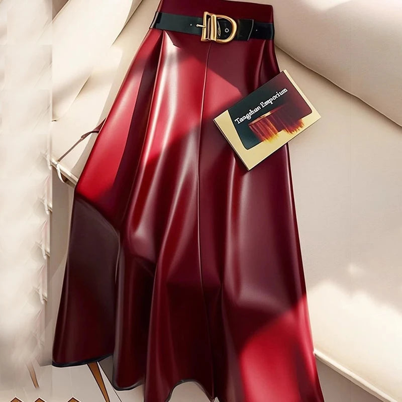 Burgundy Faux Leather A-Line Midi Skirt with Belt – Elegant High-Waist Vegan Leather Skirt