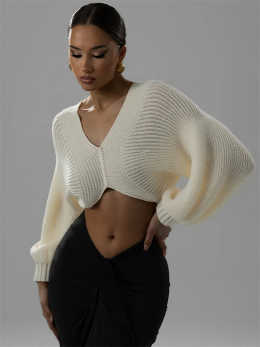 Luxury Ribbed Knit Cropped Cardigan Top – V-Neck Balloon Sleeve Sweater