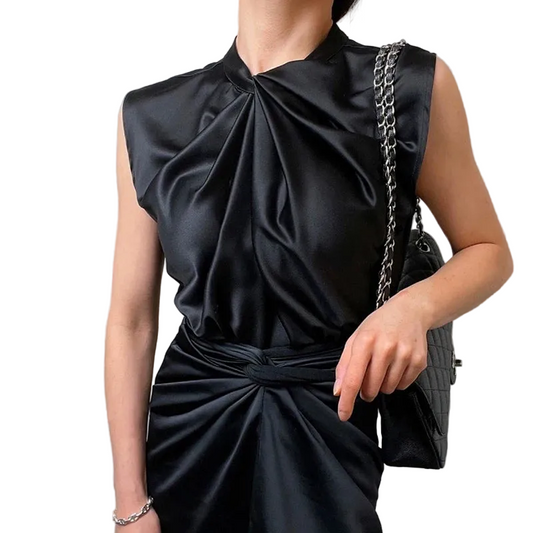 Women’s Satin Twist-Neck Sleeveless Blouse – Elegant Draped Office & Occasion Top