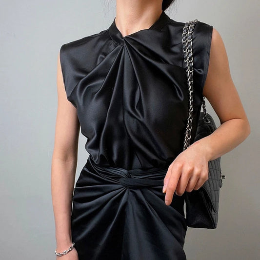 Women’s Satin Twist-Neck Sleeveless Blouse – Elegant Draped Office & Occasion Top