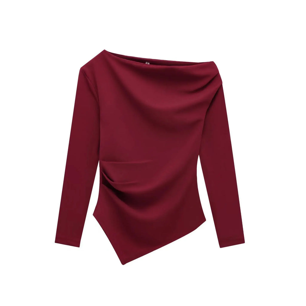 Fashion Chic Asymmetrical Pleated Blouse/Long Sleeve Solid T-Shirt Top.
