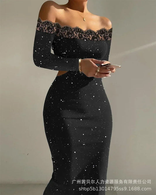Appealing hot Lace Splicing Long-sleeved Slim Long Dress High Waist.