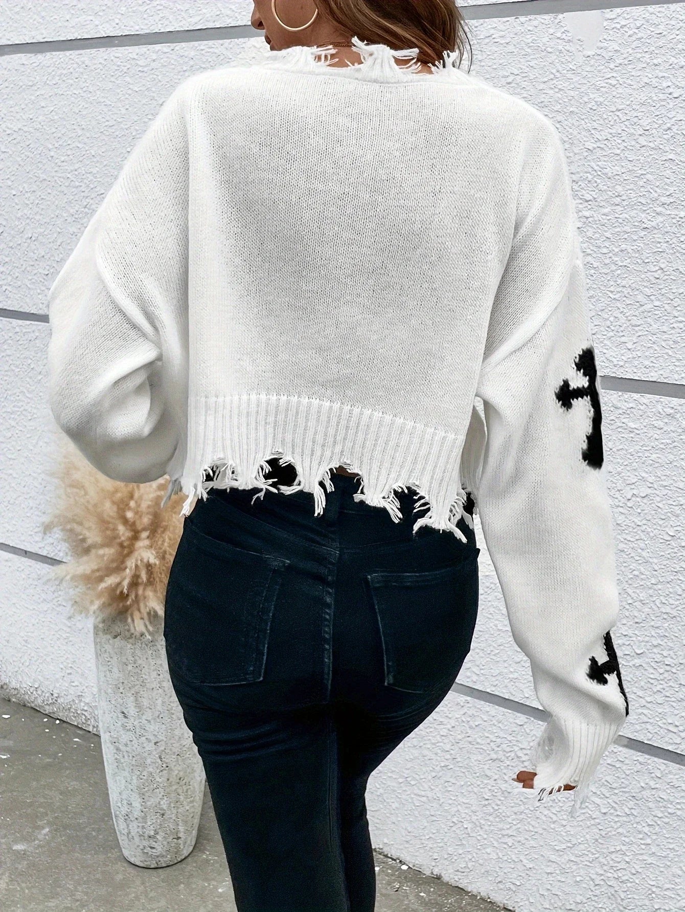 Cozy Cross Pattern Drop Shoulder Crop Sweater/V~Neck Sweater/Distressed Ripped Long Sleeved Sweater.