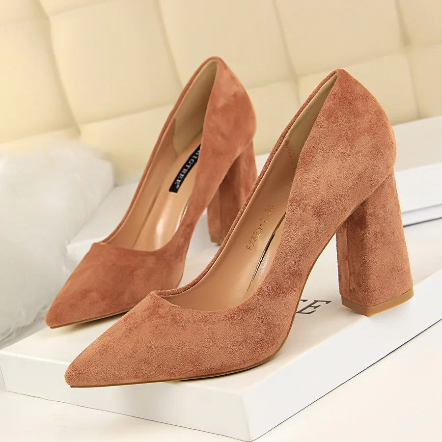 Women’s Suede-Look Pointed Toe Pumps | 8.5cm Block Heel Dress Shoes | Elegant Cognac Brown Heels