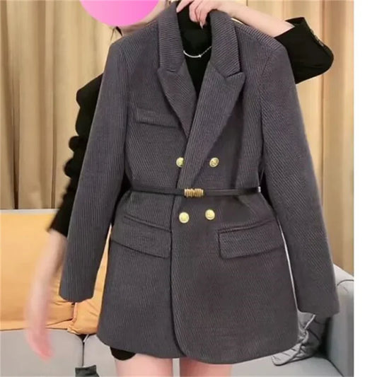 Women’s Gray Herringbone Belted Blazer Coat – Double-Breasted Tailored Boutique Outerwear