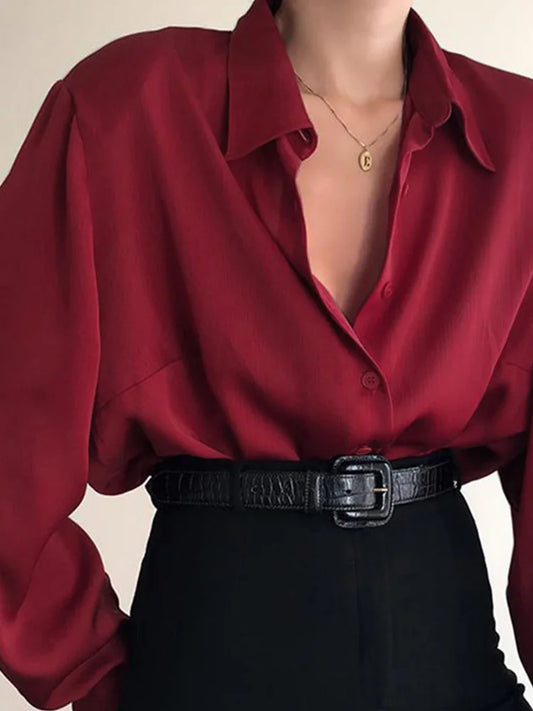 Admirable Solid V~Neck Button Blouses/Turn Down Collar Shirts/Long Sleeve Casual Blouse Loose OL Shirt/ Baggy Tops Red/Wine Red /Black.