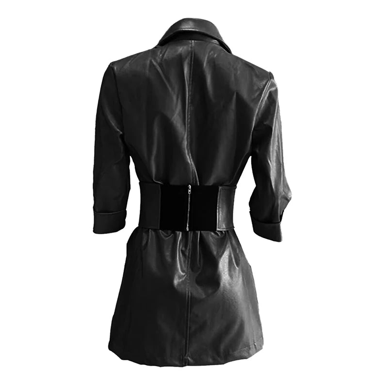 Elegant Leather Body~Con Women's Dress/ V~Neck Leather Mid Length/PU Leather Waist Closure/TrendingTurn Down Dress With Belt.