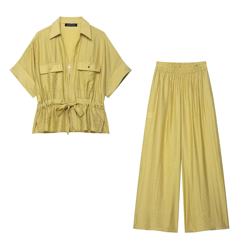 TFMLN Women Wide Leg Pant’s/2 Pieces Set’s/Short Sleeves Zipper Shirt/Straight Elastic Waist Trousers Chic Safari Style.