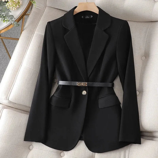 Women’s Tailored Belted Blazer – Single-Breasted Notched Lapel, Structured Shoulder, Regular-Length Suit Jacket, Elegant Business Casual Outerwear