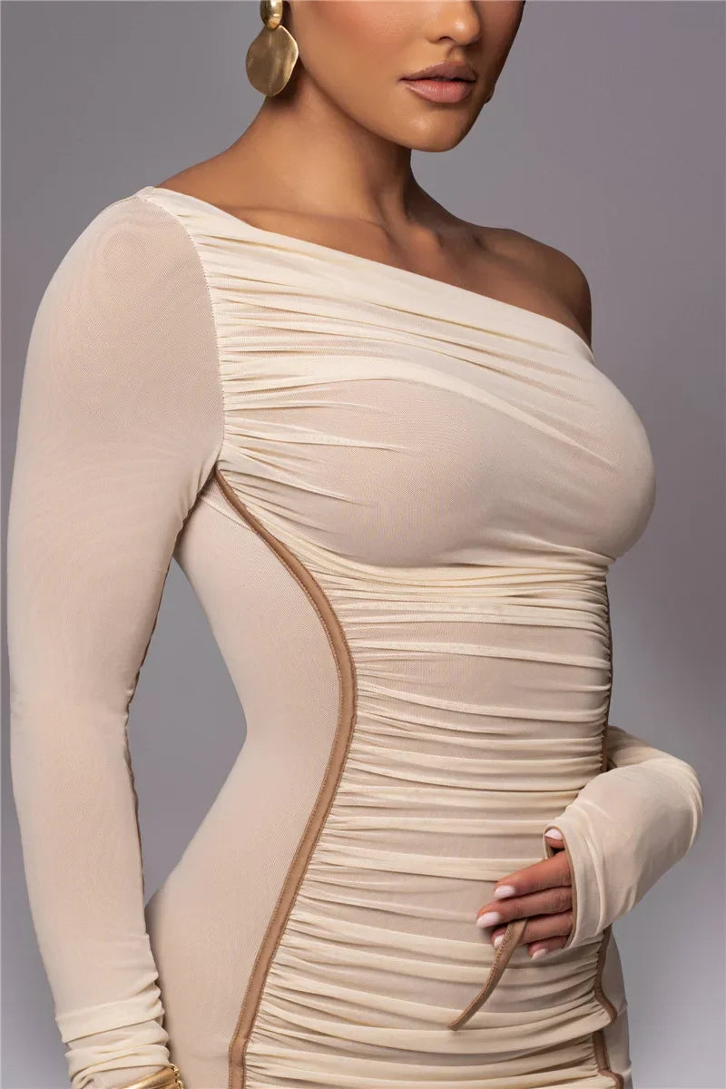 Diagonal Collar Long Sleeve Midi Dress For Women Two Layer Mesh Backless Ruched Bodycon Club Party Sexy Long Dress