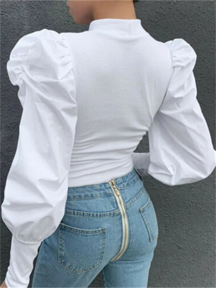 Breathable Puffed Sleeve Blouse/Solid Colored Hirigin OL Long Pullover Blouse.