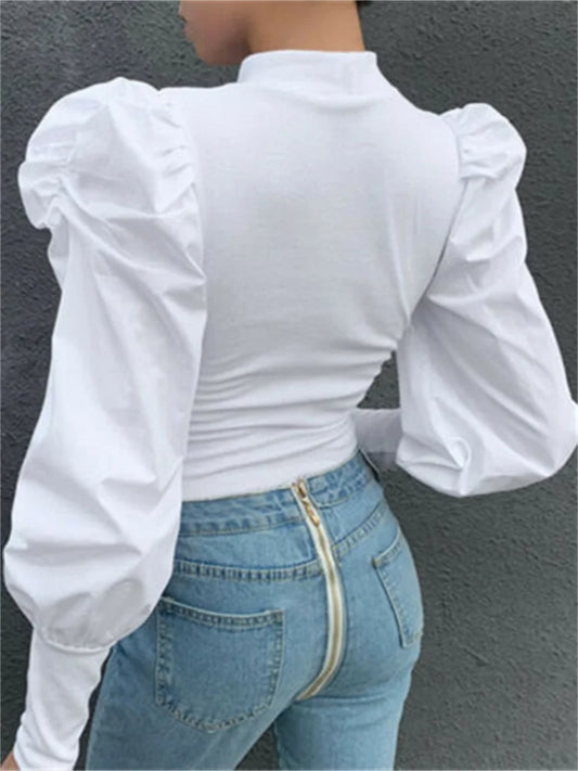 Breathable Puffed Sleeve Blouse/Solid Colored Hirigin OL Long Pullover Blouse.