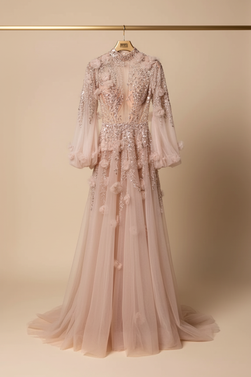 Elegant Embellished Sheer Tulle Gown – Luxury Floral Appliqué Evening Dress