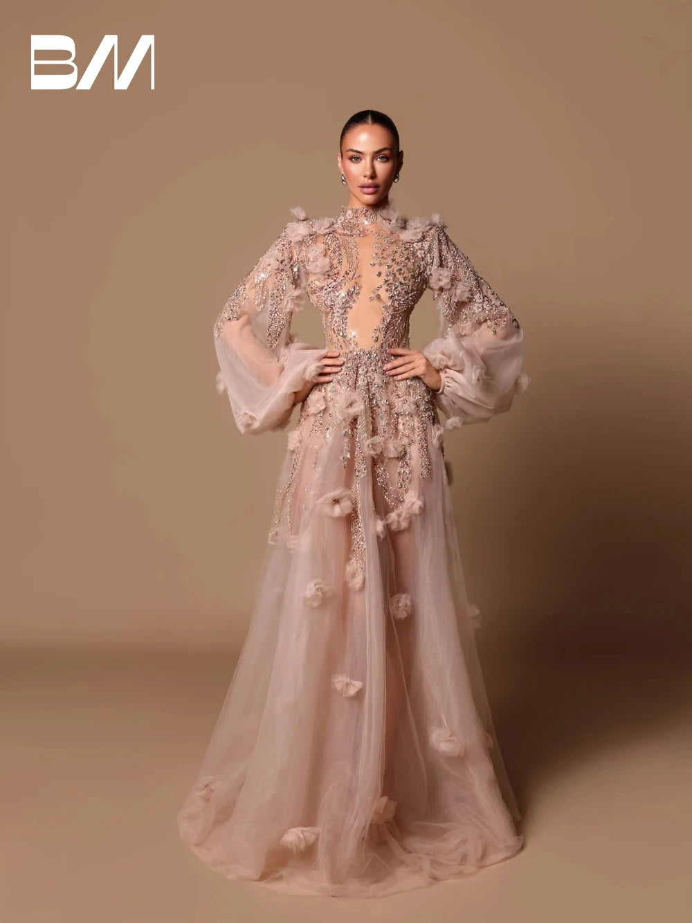 Elegant A Line Romantic High Neck Evening Dress/Floral Customized Charming Cut Out Sequin’s/Crystals Party Event.