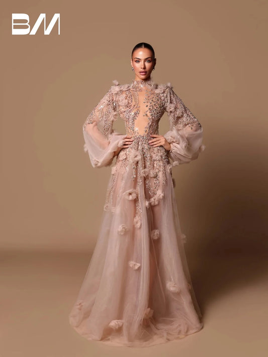 Elegant A Line Romantic High Neck Evening Dress/Floral Customized Charming Cut Out Sequin’s/Crystals Party Event.