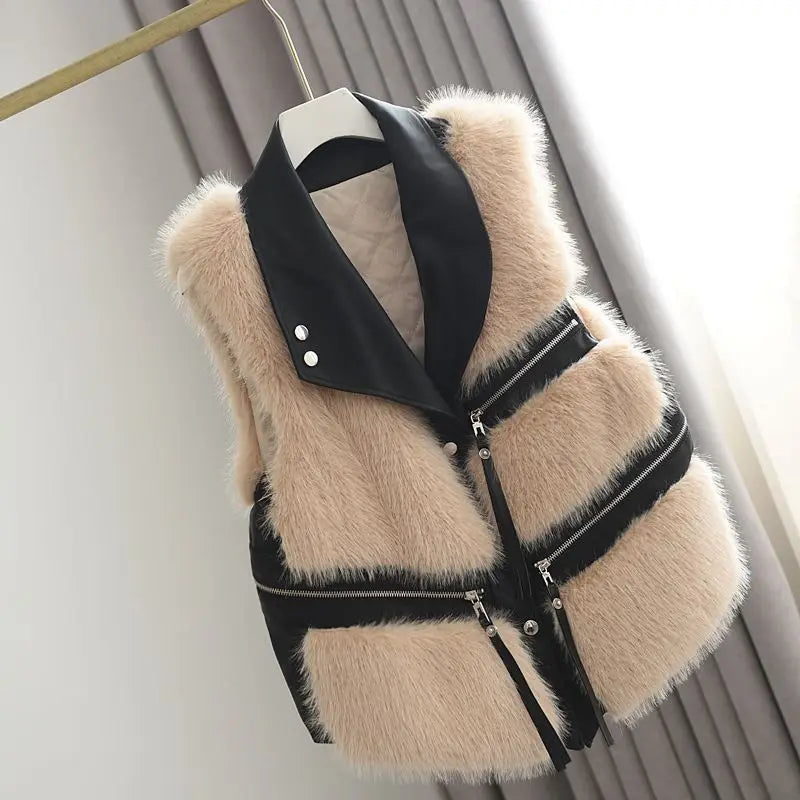 Autumn Winter New Women Fur Grass Coat/Vests V-Neck Solid ButtonZipper/ Simplicity Fashion Luxury Loose/Sleeveless Cardigan Coat.