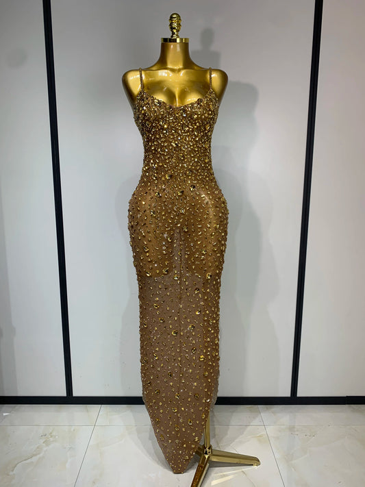 Luxury Rhinestones Sexy Mesh/See Through Bodycon Dress/Women Cocktail party Gown Red Carpet Club Stage Outfit.