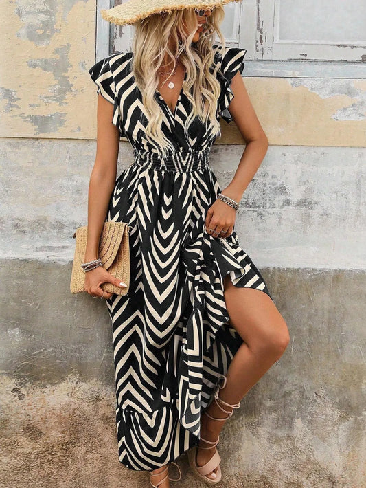 2026 New Summer Women Elegant Printed Short Sleeve Dress Tie Waist Long Hem Casual Fashion Midi Dress