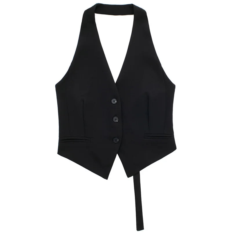 Off Shoulders Women's Halter Vest/Black/White/Grey Vest/Outerwears/Single Breasted/Off Shoulder Sleeveless Vests/turned down collar.