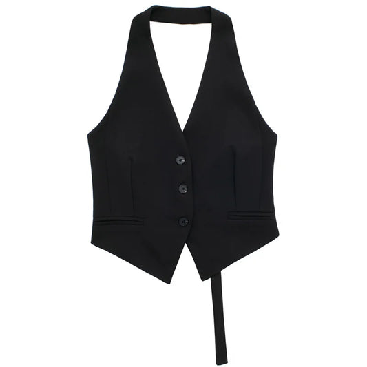 Off Shoulders Women's Halter Vest/Black/White/Grey Vest/Outerwears/Single Breasted/Off Shoulder Sleeveless Vests/turned down collar.