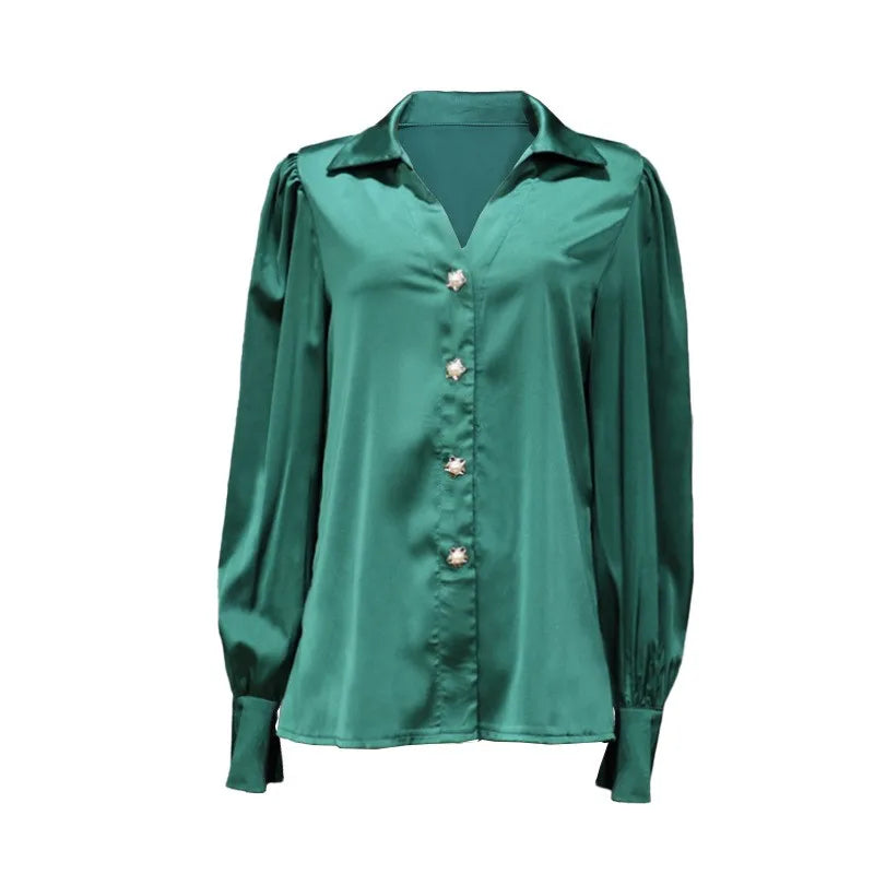 Sophisticated Satin Elegant Blouse/Black Lantern Sleeves/Fashionable/Winter Blouse Green Loose Silk Office Shirt.