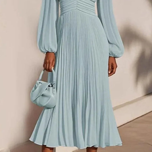 Mid~Calf Pullover Maxi Dress/V Neck High Waist/Pleated Long Dress.